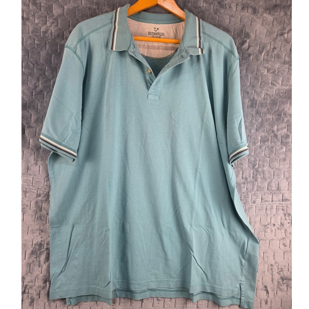 Outdoor Life Mens 3XL Teal Blue Short Sleeve Cotton Polo Shirt Striped Trim C3